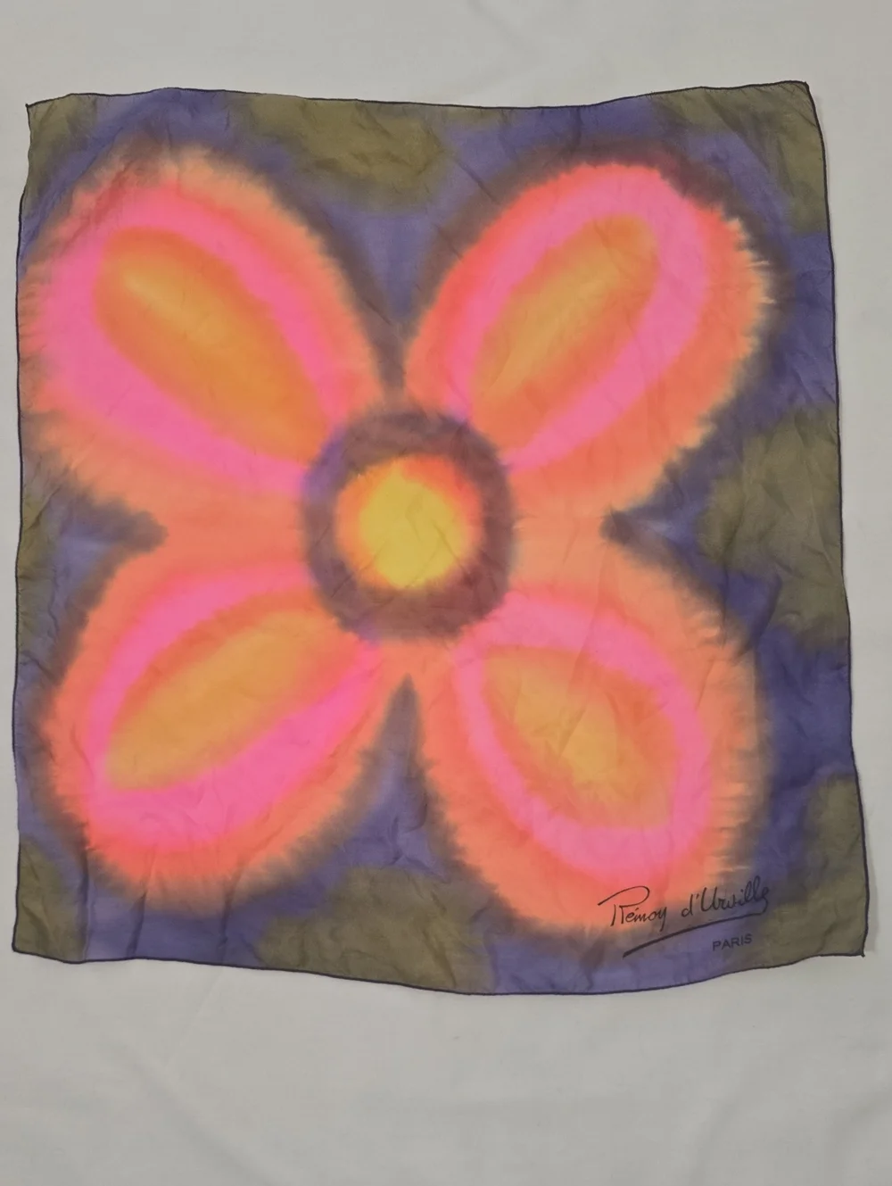 Vintage Remoy D'urville, Paris Tie-Dye Floral Scarf in Pink, Orange & Purple